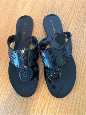 Jack Rogers Black Patent Leather Thong Sandals